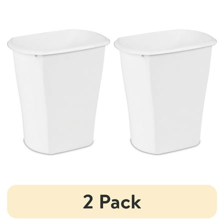(2 pack) Sterilite Small Bathroom Trash Can, 3 Gallon Plastic Garbage Bucket Bin with No Lid, White