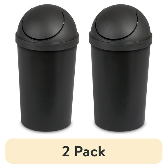 (2 pack) Sterilite Small Bathroom Trash Can, 3 Gallon Plastic Garbage Bucket Bin with Swing Top Lid, Black