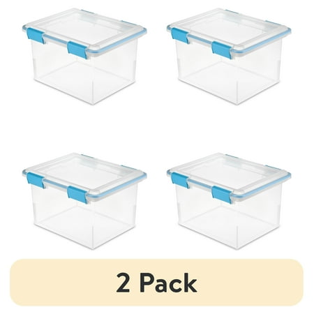 (2 pack) Sterilite Gasket Box, 32 Quart Clear Weather-Resistant Plastic File Storage Bin with Gasket Seal and Latch Lid, Blue, 4 Pack