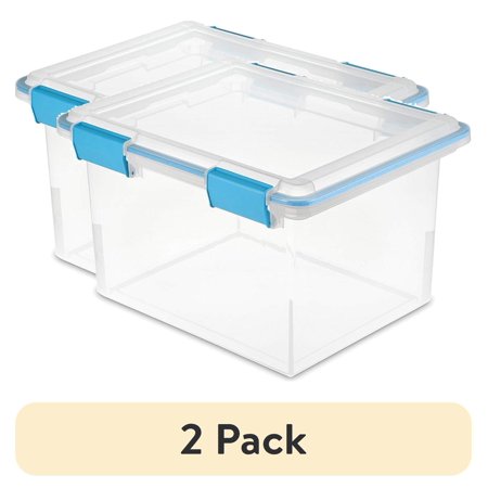 (2 pack) Sterilite Gasket Box, 32 Quart Clear Weather-Resistant Plastic File Storage Bin with Gasket Seal and Latch Lid, Blue