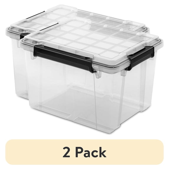 (2 pack) Sterilite Gasket Box, 34 Quart WaterProof Clear Plastic Storage Bin with Lid, Gasket Seal and Durable Latches, Black