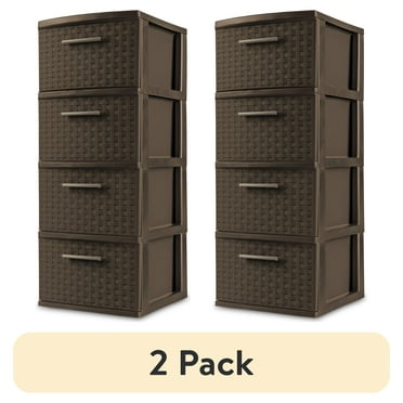 (2 pack) Sterilite 4 Drawer Weave Tower, Plastic Décor Drawers with Pull Handles, Brown