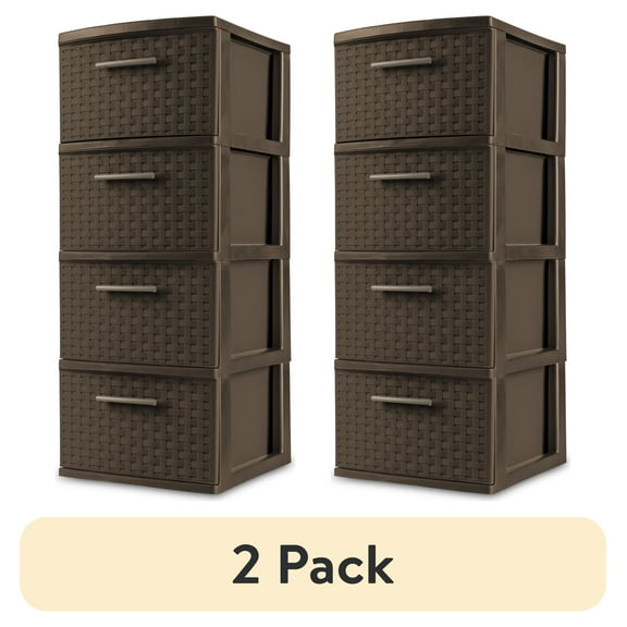 (2 pack) Sterilite 4 Drawer Weave Tower, Plastic Décor Drawers with Pull Handles, Brown
