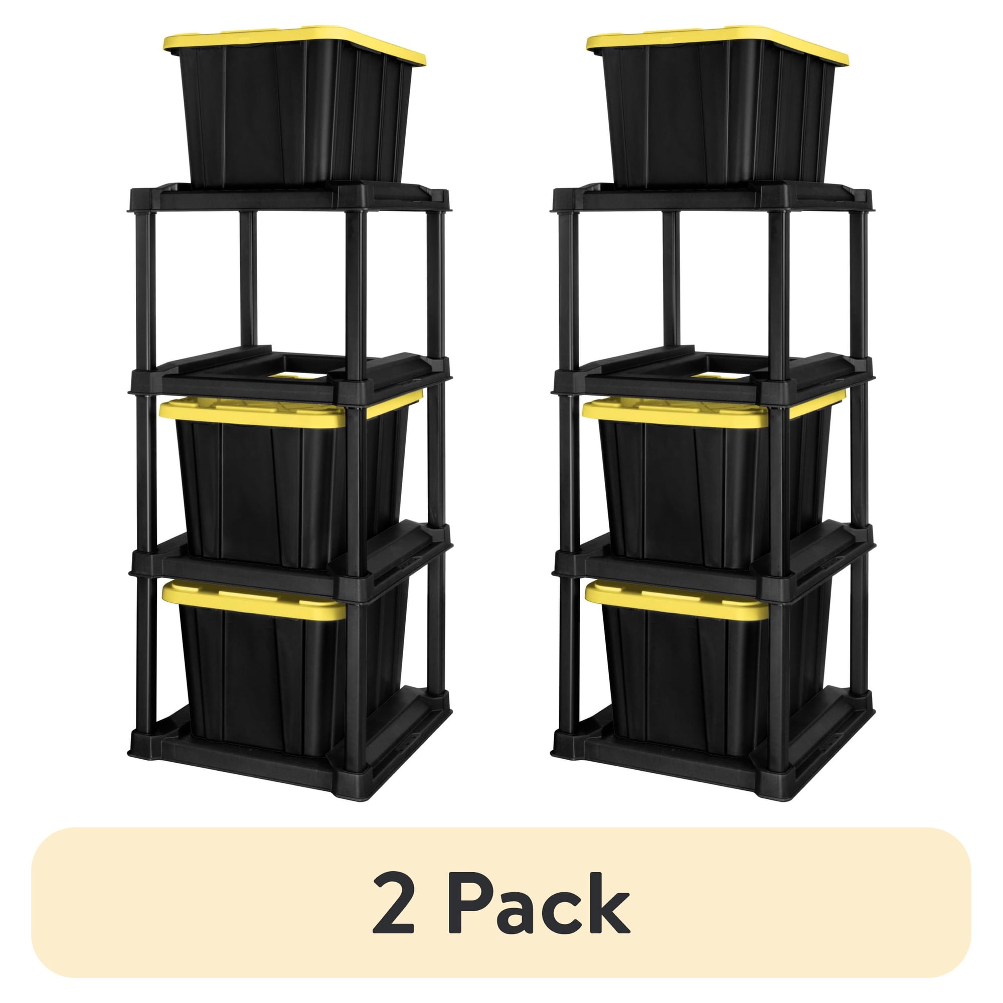 (2 pack) 4 Tier Tote Rack, Holds Four 27 Gallon Industrial Storage Totes, Heavy Duty Plastic Garage Storage Organizer, Vertical Easy-Access No-Stacking Design, Black