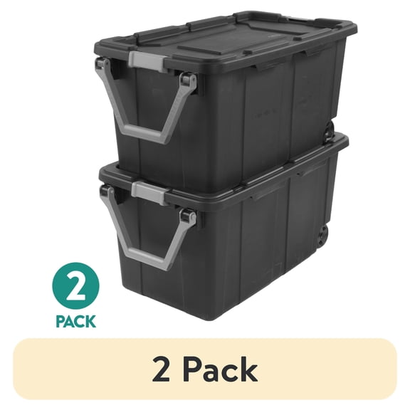 (2 pack) Sterilite 40 Gal XL Wheeled Industrial Plastic Storage Bin with Latch Lid and Handle, Gray, 2 Pack
