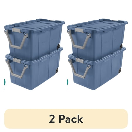 (2 pack) Sterilite Extra-Large Wheeled Industrial Storage Bin, 40 Gallon Durable Plastic Storage Tote with Latching Lid and Pull Handle, Blue, 2 Pack