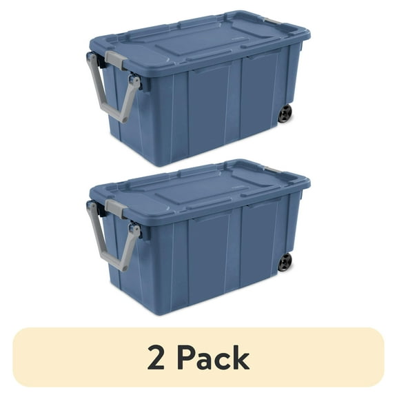 (2 pack) Sterilite Extra Large Wheeled Industrial Storage Bin, 40 Gallon Rugged Plastic Storage Tote with Latch Lid and Pull Handle, Blue, 2 Pack