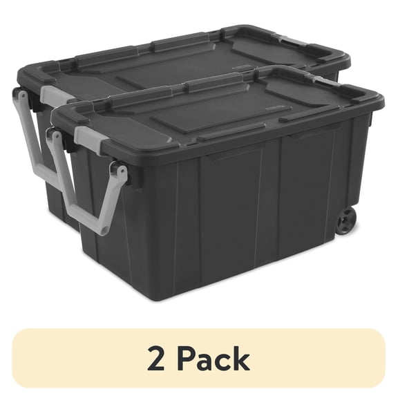 (2 pack) Sterilite 40 Gal XL Wheeled Industrial Plastic Storage Bin, Latch Lid and Pull Handle, Gray