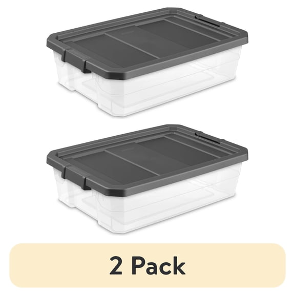 (2 pack) Sterilite Stackable Storage Bin, 40 Quart Durable Clear Plastic Underbed Storage Container with Latch Lid, Dark Gray