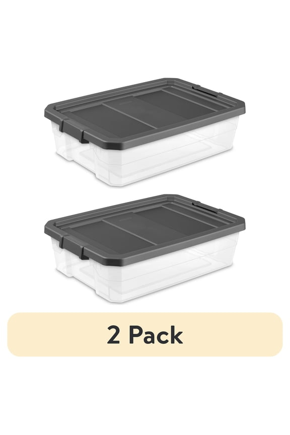 (2 pack) Sterilite 40 Quart Medium Stackable Storage Bin, Clear Plastic Underbed Storage Container with Latch Lid, Dark Gray