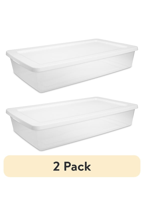 (2 pack) Sterilite 41 Quart Medium Storage Bin, Clear Plastic Underbed Storage Container with Snap-On Lid, White