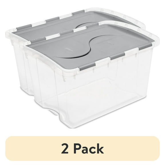 (2 pack) Sterilite 48 Quart Hinged Lid Storage Box, Clear Plastic Storage Bin with FlipLid, Gray