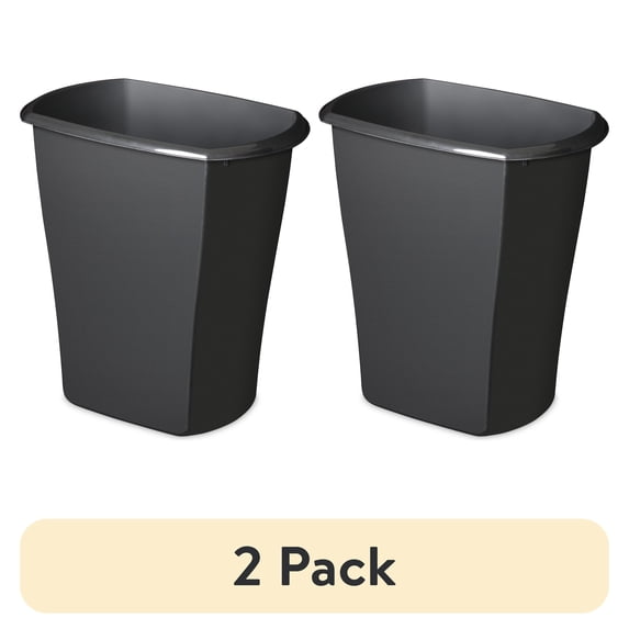 (2 pack) Sterilite Bathroom Trash Can, 5.5 Gallon Small Plastic Garbage Bucket Bin with No Lid, Black