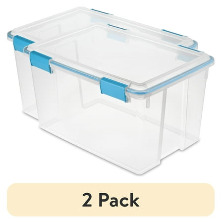 (2 pack) Sterilite Gasket Box, 54 Quart Clear Weather-Resistant Plastic Storage Bin with Gasket Seal and Latch Lid, Blue