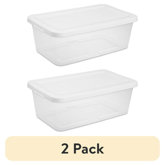 (2 pack) Sterilite Small Storage Bin, 6 Quart Clear Plastic Storage Container with Snap-On Lid, White