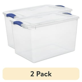 (2 pack) Sterilite 66 Quart Large Latching Storage Bin, Clear Plastic Storage Container with Latch Lid, Blue