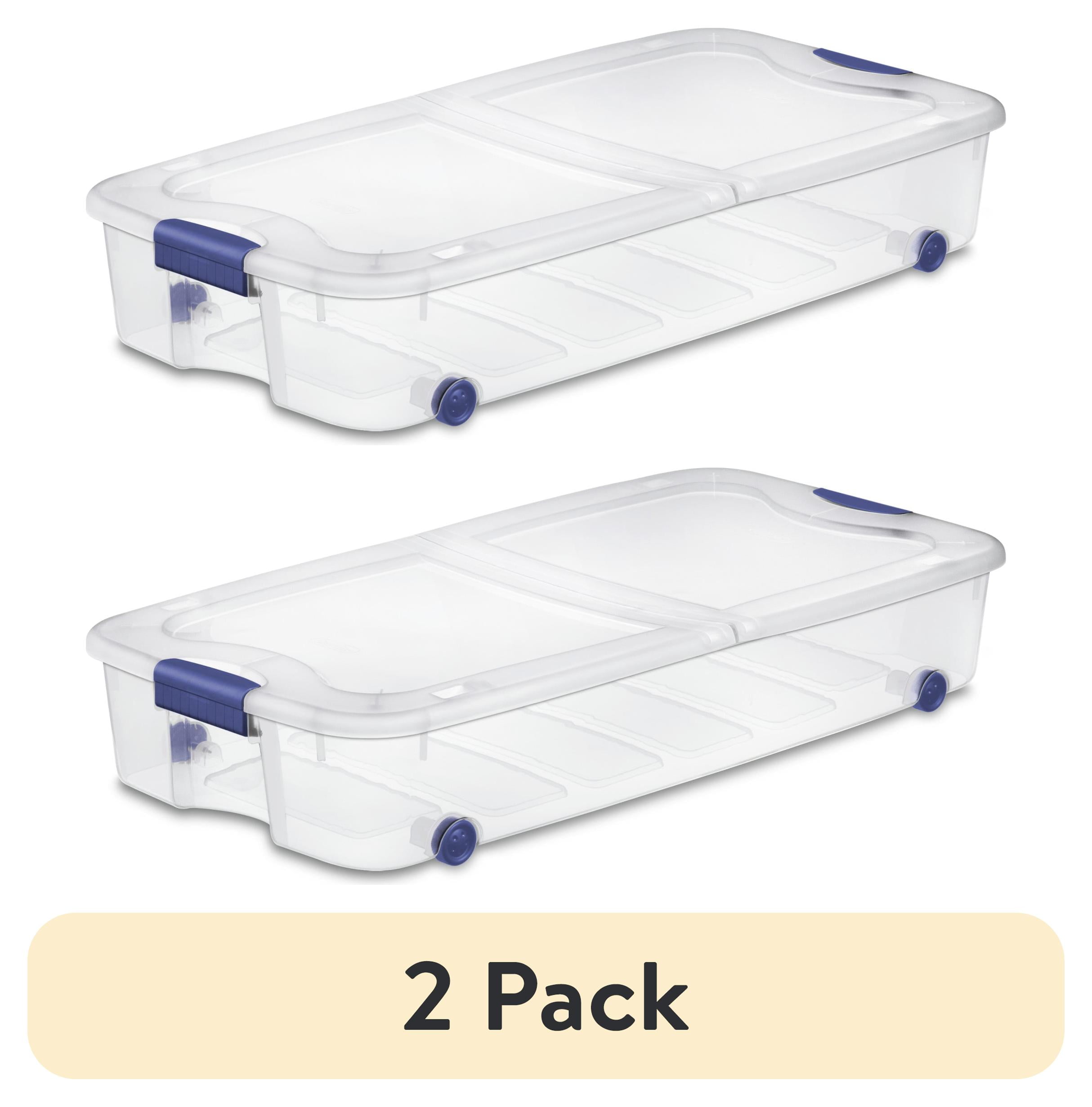 (2 pack) Sterilite Large Storage Bin, 66 Quart Clear Underbed Storage Container with Latch Lid and Wheels, Blue