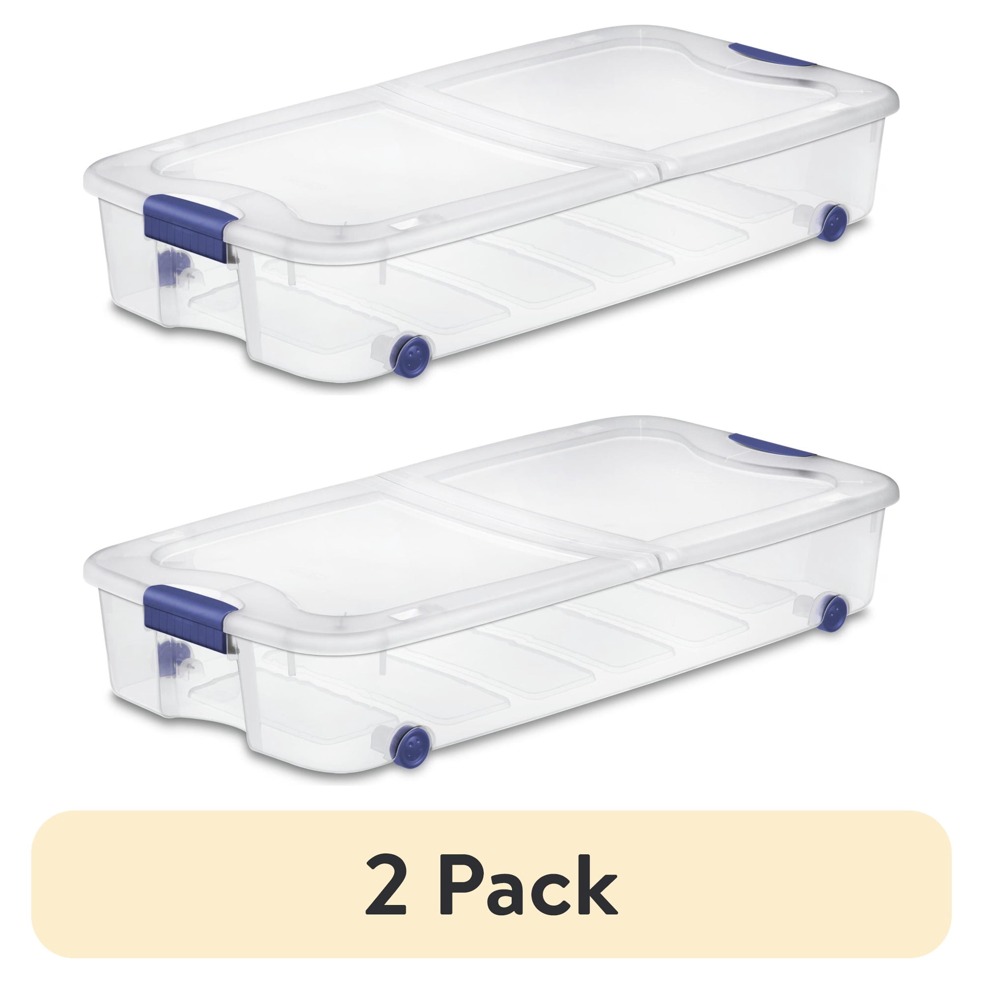 (2 pack) Sterilite 66 Quart Latching Underbed Wheeled Storage Bin, Clear Plastic Storage Container with Latch Lid, Blue