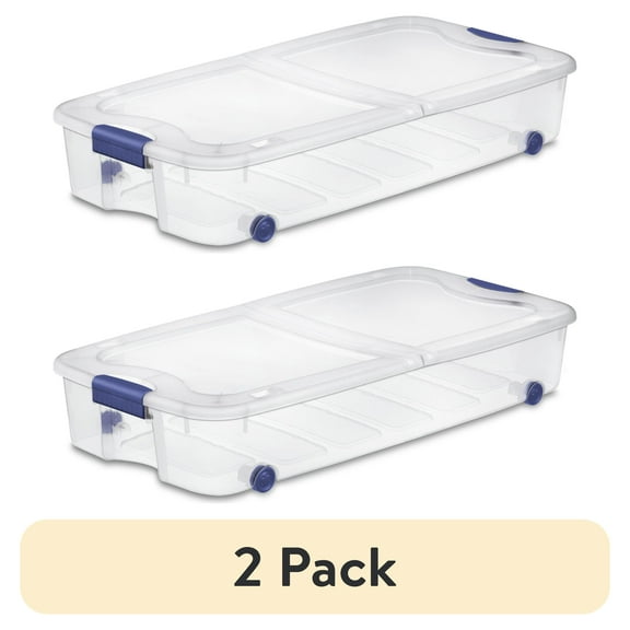(2 pack) Sterilite Latching Wheeled Storage Bin, 66 Quart Clear Underbed Storage Container with Latch Lid, Blue
