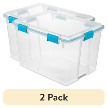 (2 pack) Sterilite Large Storage Bin, 80 Quart Clear Plastic Storage Container with Gasket Lid, Blue