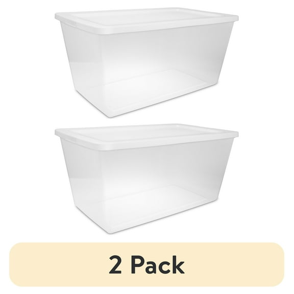 (2 pack) Sterilite 90 Quart Large Storage Bin, Clear Plastic Storage Container with Snap-On Lid, White