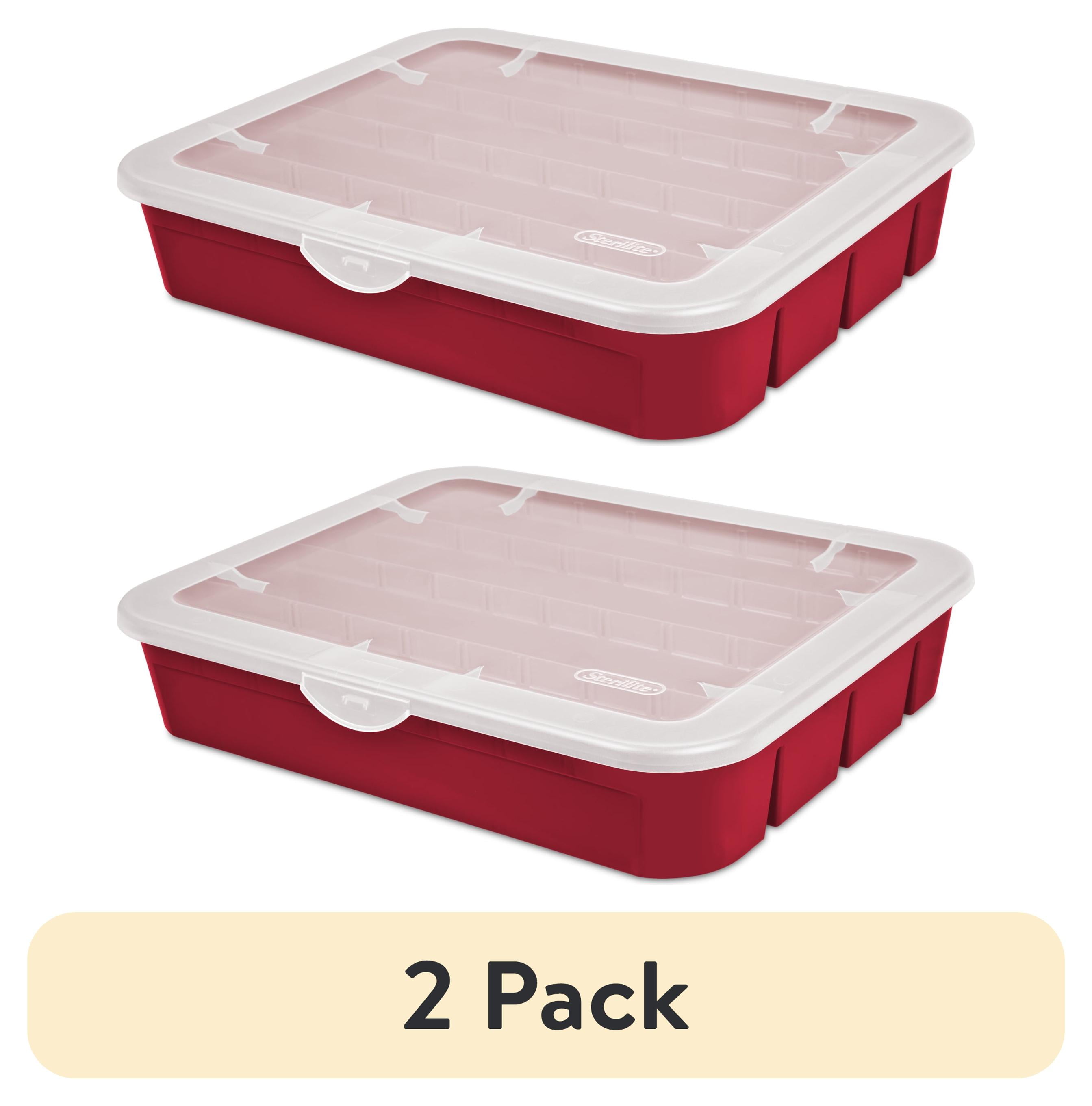 (2 pack) Sterilite Adjustable Ornament Box, Stackable Christmas Storage Bin with Lid, Dividers Create up to 32 Compartments for Holiday Keepsakes, Red