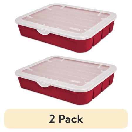 (2 pack) Sterilite Adjustable Ornament Box, Stackable Christmas Storage Bin with Lid, Dividers Create up to 32 Compartments for Holiday Keepsakes, Red