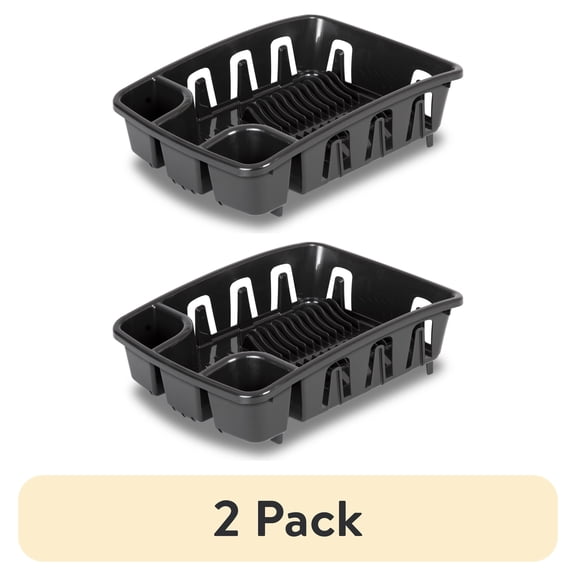 (2 pack) Sterilite DrainRack All-in-One Plastic Dish Rack and Drainboard with Inclined Base, Black