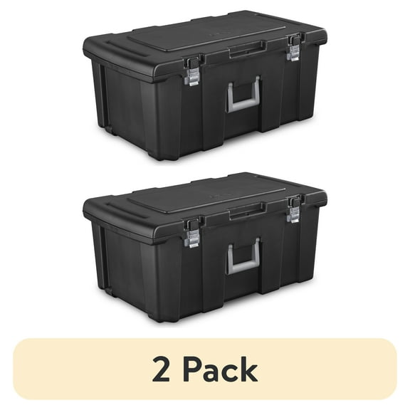 (2 pack) Sterilite Footlocker, Heavy Duty Plastic Storage Container, with Handle and Wheels, Lockable, Black