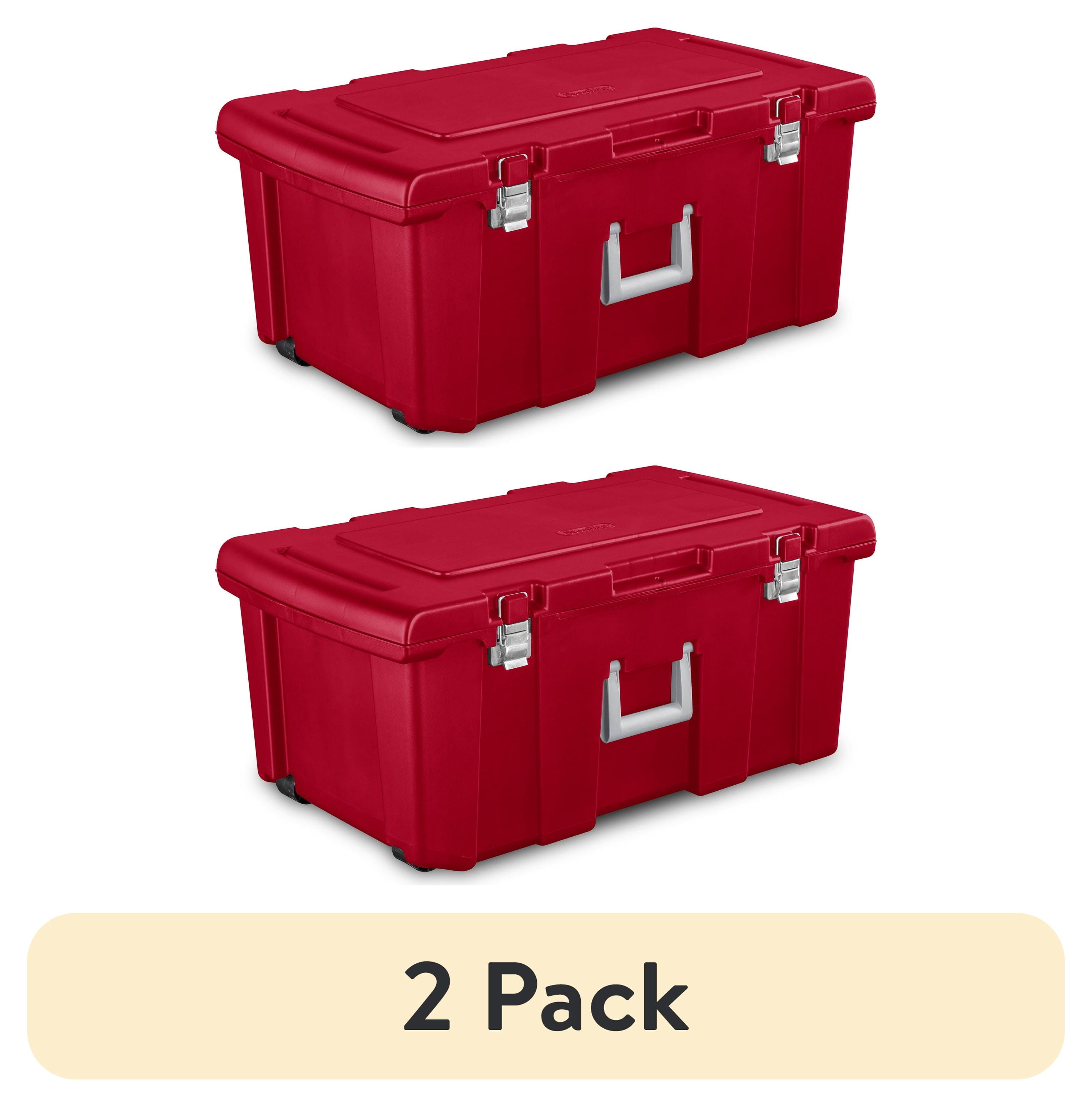 (2 pack) Sterilite Large Footlocker, Heavy Duty Plastic Storage Bin, with Handle and Wheels, Lockable, Red