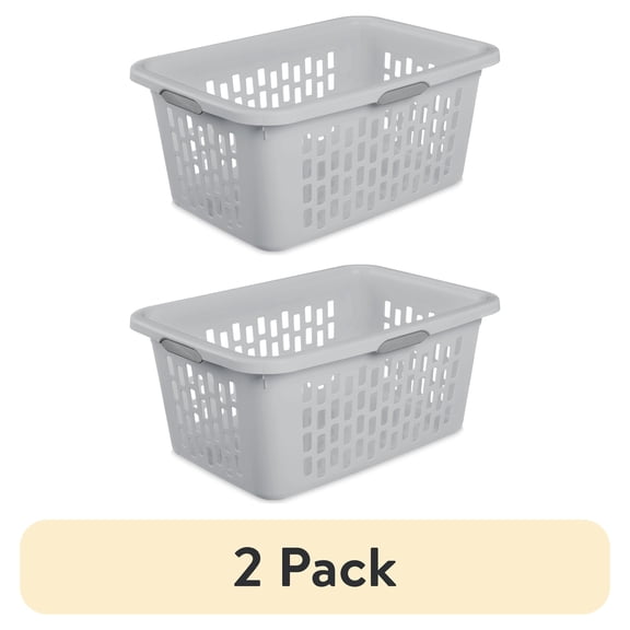 (2 pack) Sterilite 2 Bushel Large Plastic Laundry Basket with 4 Comfort Grip Handles, Light Gray