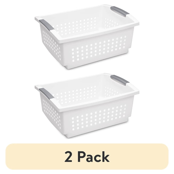 (2 pack) Sterilite Large Stacking Basket, Multi-Purpose Open Plastic Bin, Flip-down Handles to Stack