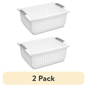 (2 pack) Sterilite Large Stacking Basket, Open Plastic Bin, Space Saving Organizers, White