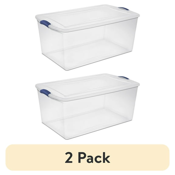(2 pack) Sterilite Extra-Large Latching Storage Bin, 105 Quart Clear Plastic Storage Container with Latch Lid, Blue