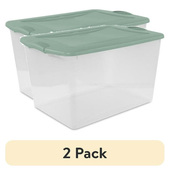 (2 pack) Sterilite Large Latching Storage Bin, 66 Quart Clear Plastic Storage Container with Green Lid and Latch, 6 Pack