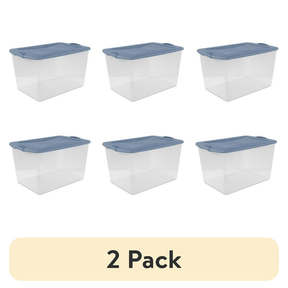 (2 pack) Sterilite Large Latching Storage Bin, 66 Quart Clear Plastic Storage Container with Light Blue Lid and Latch, 6 Pack