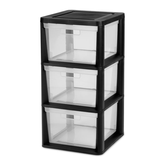 (2 pack) Sterilite Medium 3 Drawer Tower, Easy to Assemble with Removable Clear Plastic Storage Bins, Tool-Free, Black