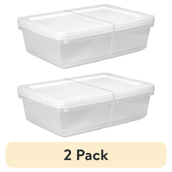 (2 pack) Sterilite Set of (2) Small Storage Bin, 28 Quart Clear Plastic Storage Container with Snap-On Lid, White