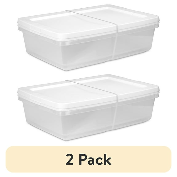 (2 pack) Sterilite Set of (2) 28 Quart Storage Boxes, Clear Plastic Storage Bin with Snap-On Lid, White