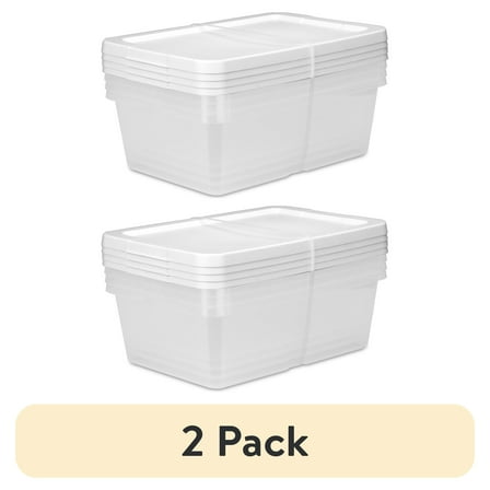 (2 pack) Sterilite Set of (4) Small Storage Bin, 12 Quart Clear Plastic Storage Container with Snap-On Lid, White