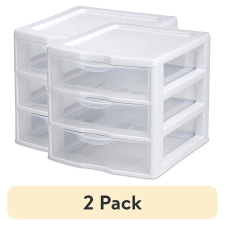 (2 pack) Sterilite Small 3 Drawer Unit, Countertop Organizer, Clear Storage Solution for Desks, Countertops, and Shelves, White