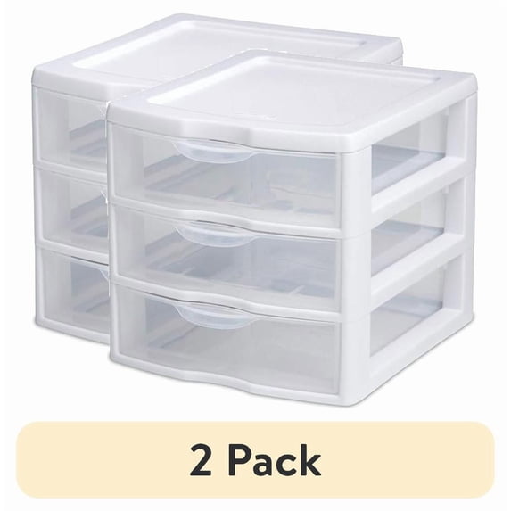 (2 pack) Sterilite Small 3 Drawer Storage Unit, Countertop and Desktop Organizer with Clear Drawers, White