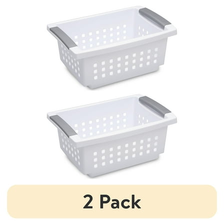 (2 pack) Sterilite Small Stacking Basket, Open Plastic Bin, Space Saving Organizers, White