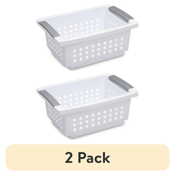 (2 pack) Sterilite Small Stacking Basket, Open Plastic Bin, Space Saving Organizers, White