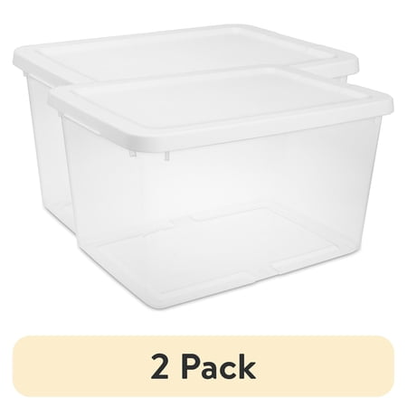 (2 pack) Sterilite Small Storage Bin, 20 Quart Clear Plastic Storage Container with Snap-On Lid, White
