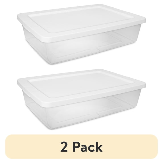 (2 pack) Sterilite 28 Quart Small Storage Bin, Clear Plastic Storage Container with Snap-On Lid, White