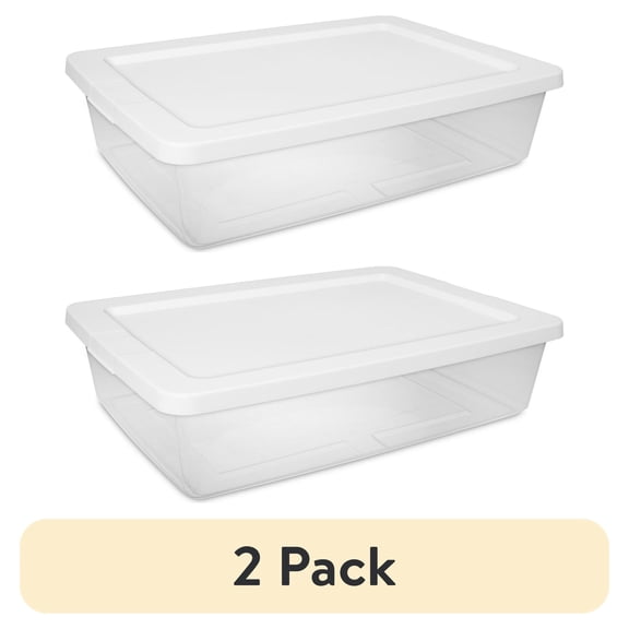 (2 pack) Sterilite 28 Quart Small Storage Bin, Clear Plastic Storage Container with Snap-On Lid, White