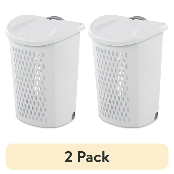 (2 pack) Sterilite Ultra™ Wheeled Hamper, Plastic Laundry Hamper with Handle and Wheels for Easy Transport, White