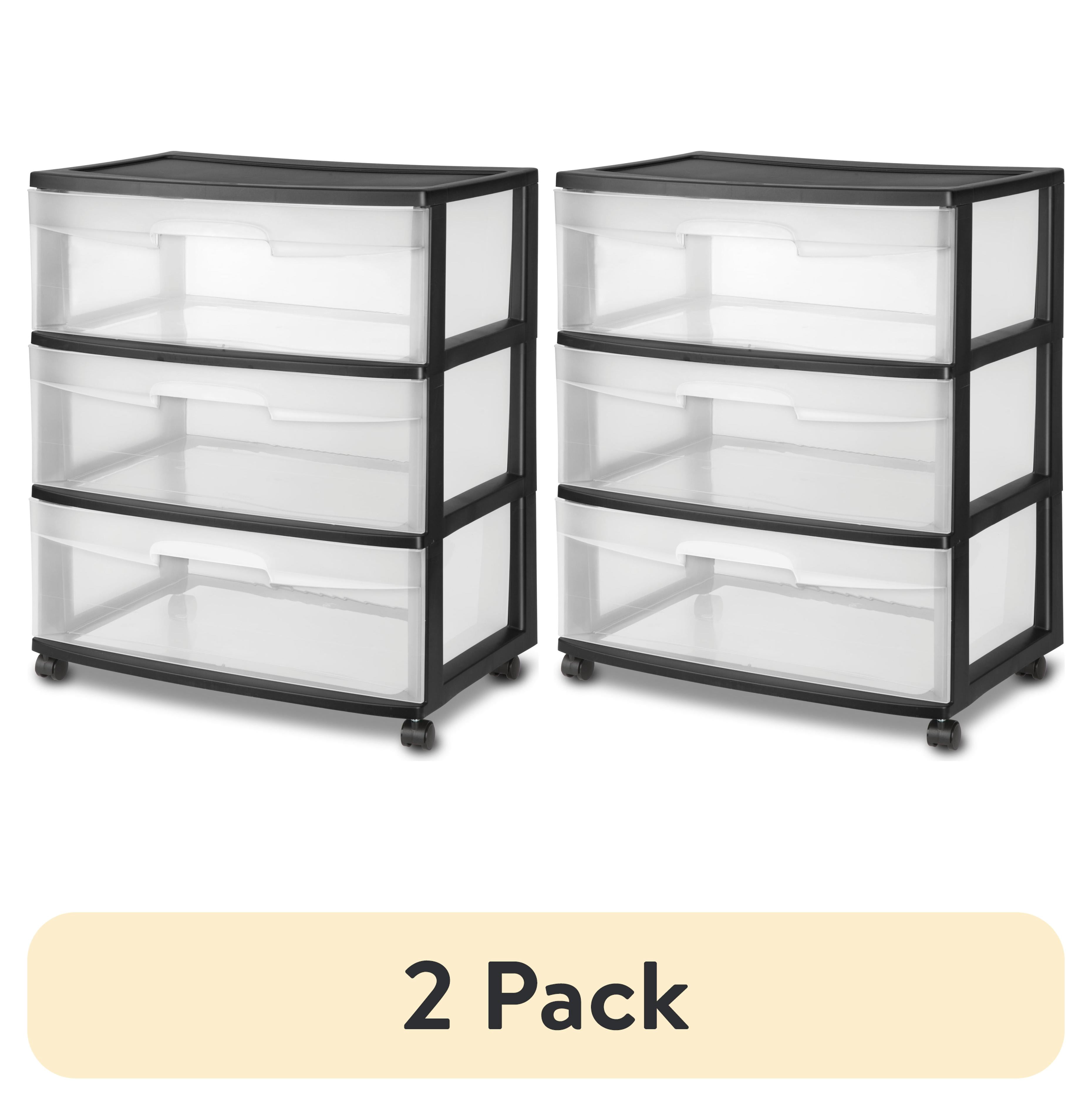 (2 pack) Sterilite 3 Drawer Wide Cart, Clear Plastic Storage Drawers, Wheels Included, Black