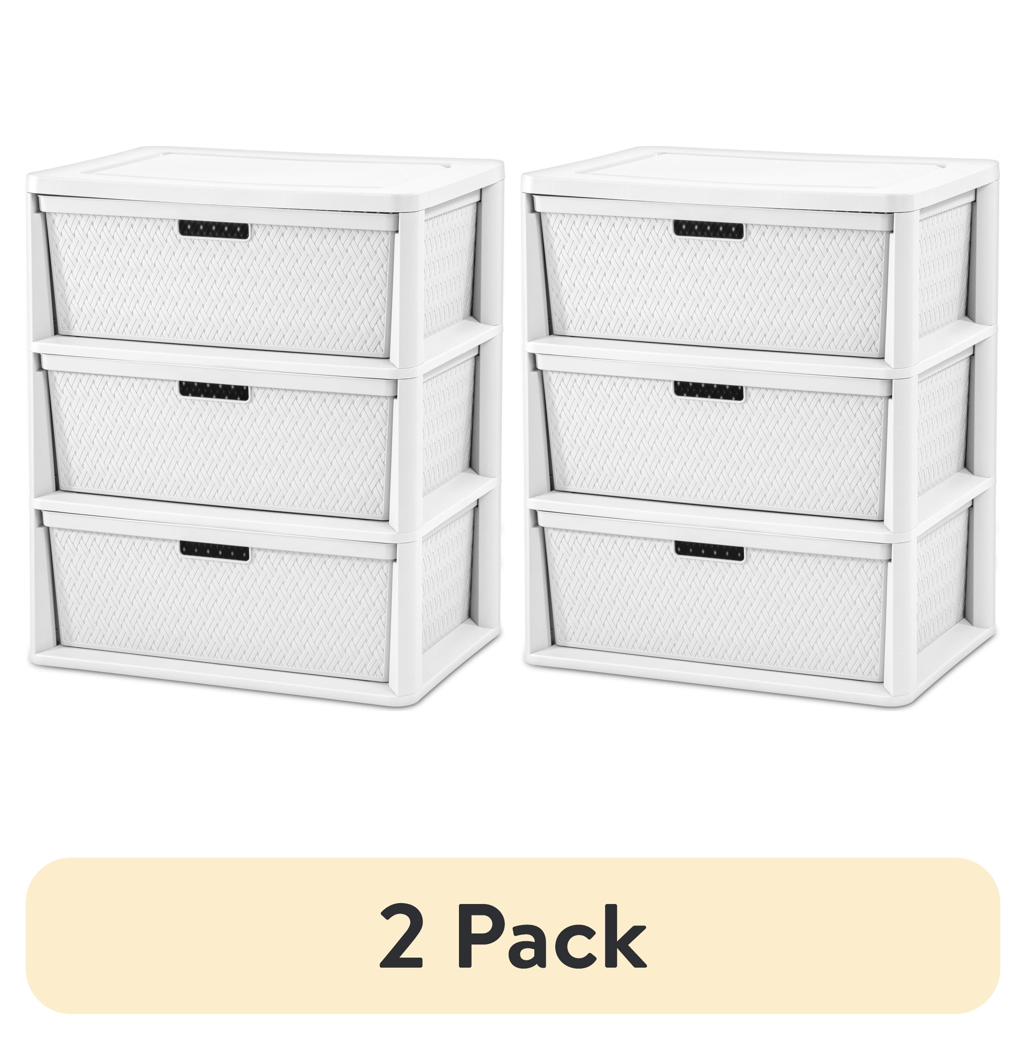 (2 pack) Sterilite Wide 3 Drawer Tower, Plastic Storage Organizer with Removable Decorative Bins, Easy to Assemble - No Tools Needed, White